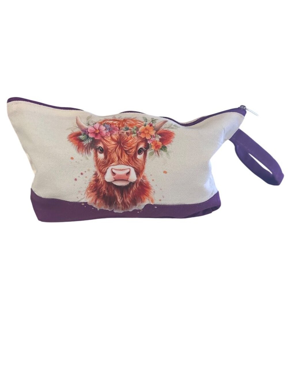 Silkfly zipper pouch purple highland cow with flowers travel makeup pencil bag